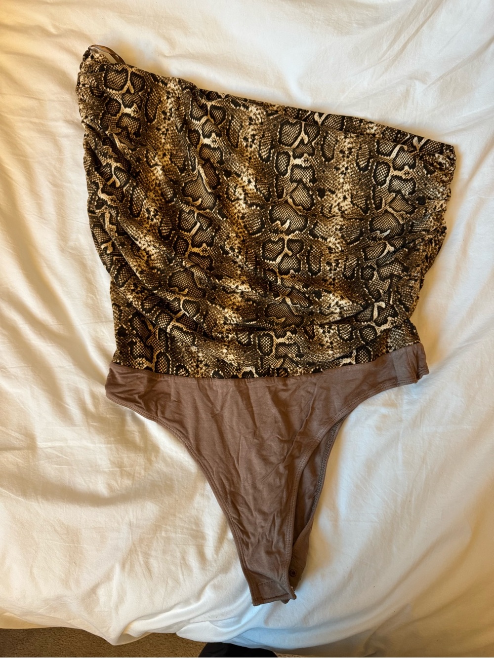 JLUXLABEL Snake Print One-Shoulder Bodysuit in Brown and Cream